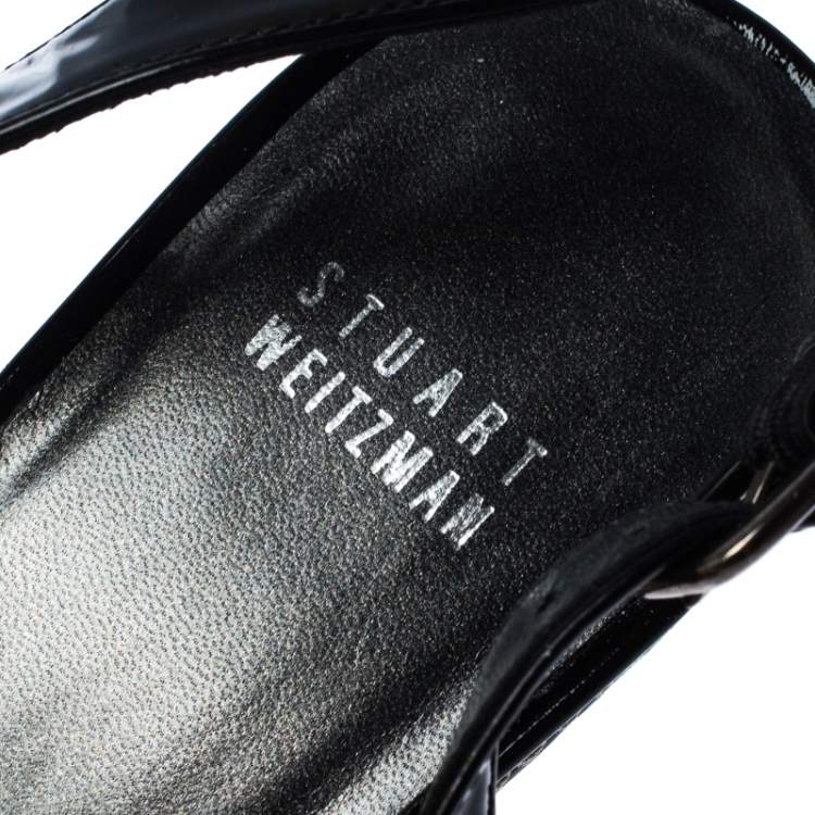 Pre Owned Stuart Weitzman Black Patent Leather and Raffia Peep Toe Wedge Sandals Size 40.5