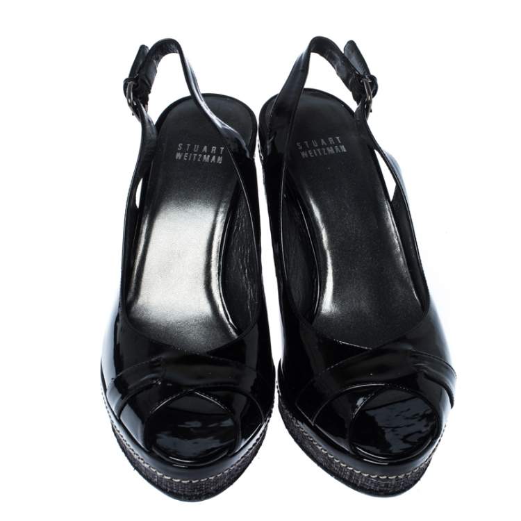 Pre Owned Stuart Weitzman Black Patent Leather and Raffia Peep Toe Wedge Sandals Size 40.5