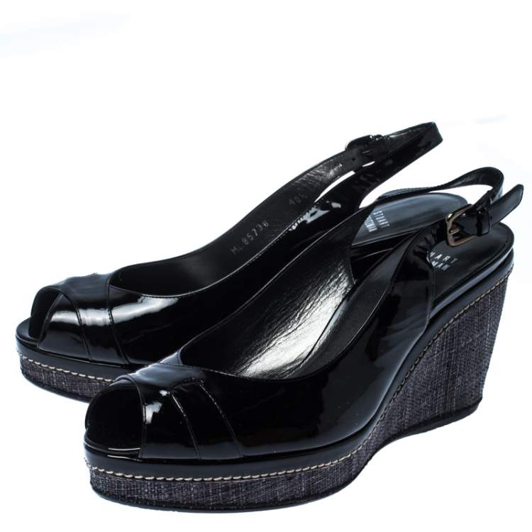 Pre Owned Stuart Weitzman Black Patent Leather and Raffia Peep Toe Wedge Sandals Size 40.5
