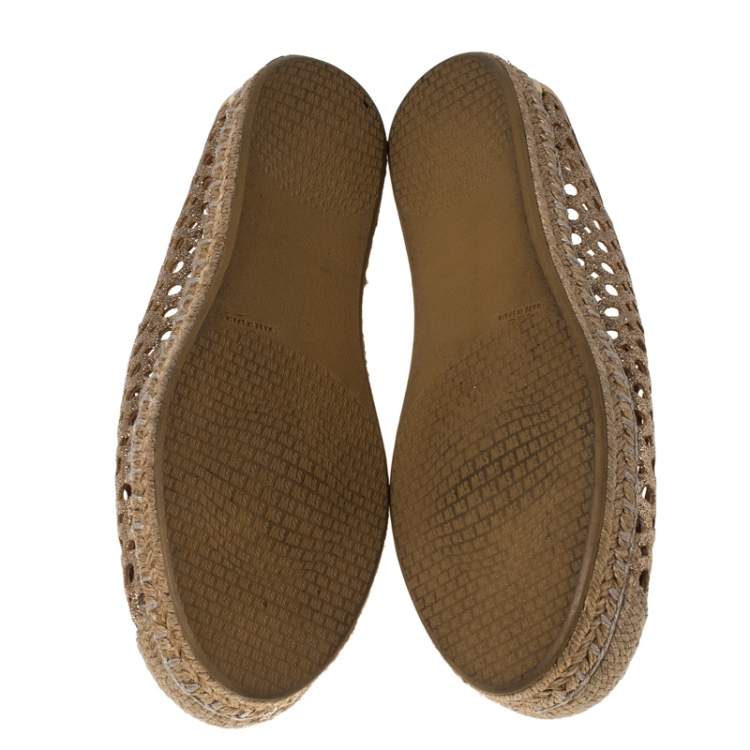 Pre Owned Stuart Weitzman Peach Perforated Glitter Leather Country Espadrille Flats Size 37