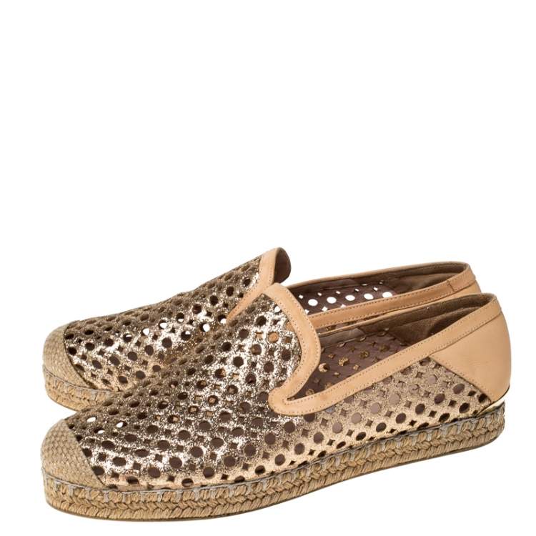 Pre Owned Stuart Weitzman Peach Perforated Glitter Leather Country Espadrille Flats Size 37
