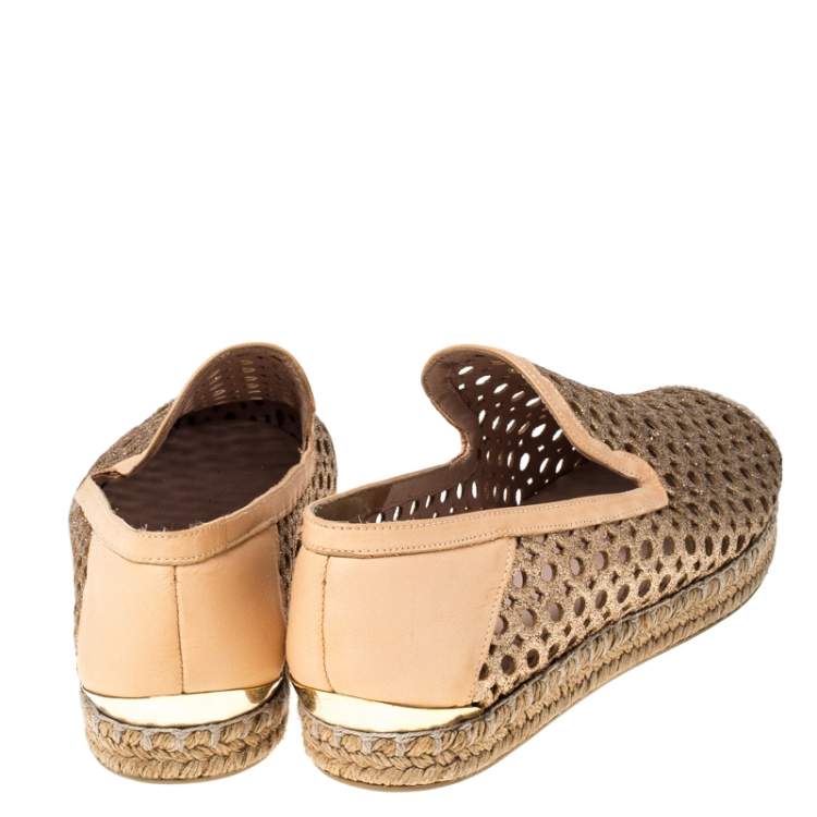 Pre Owned Stuart Weitzman Peach Perforated Glitter Leather Country Espadrille Flats Size 37