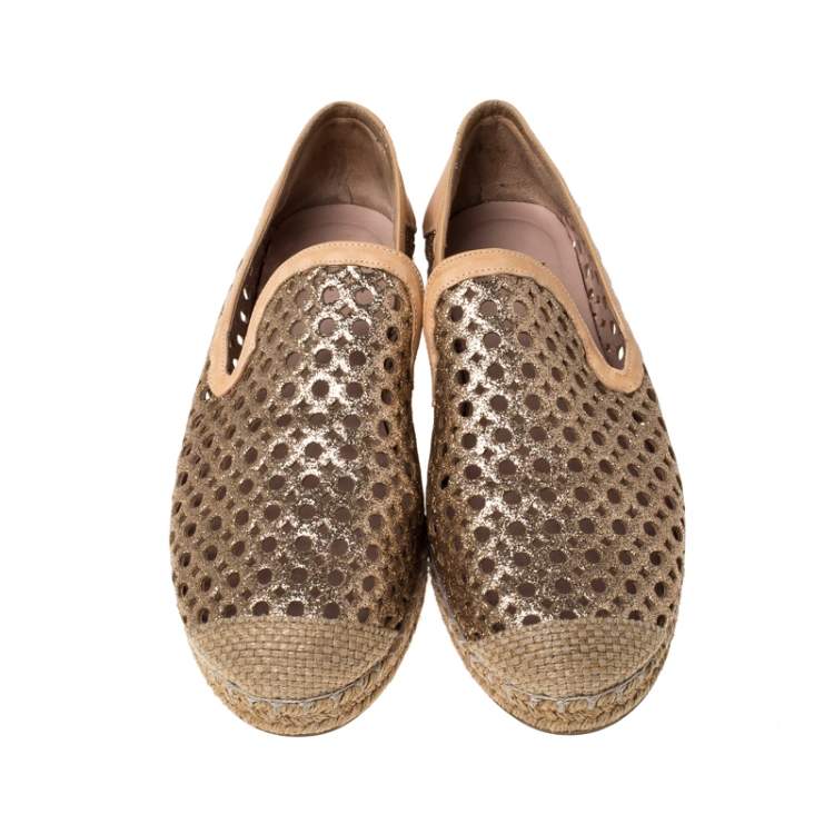 Pre Owned Stuart Weitzman Peach Perforated Glitter Leather Country Espadrille Flats Size 37