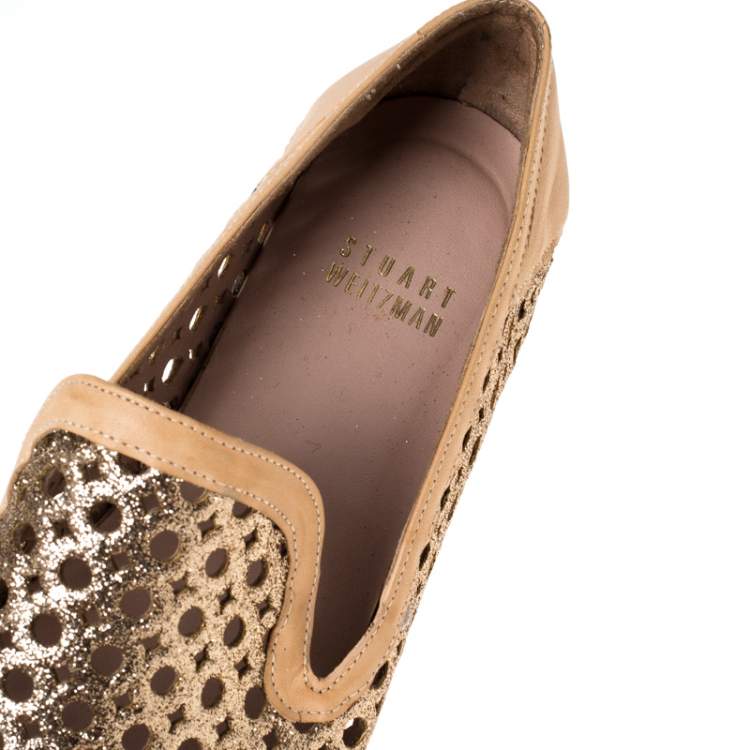 Pre Owned Stuart Weitzman Peach Perforated Glitter Leather Country Espadrille Flats Size 37