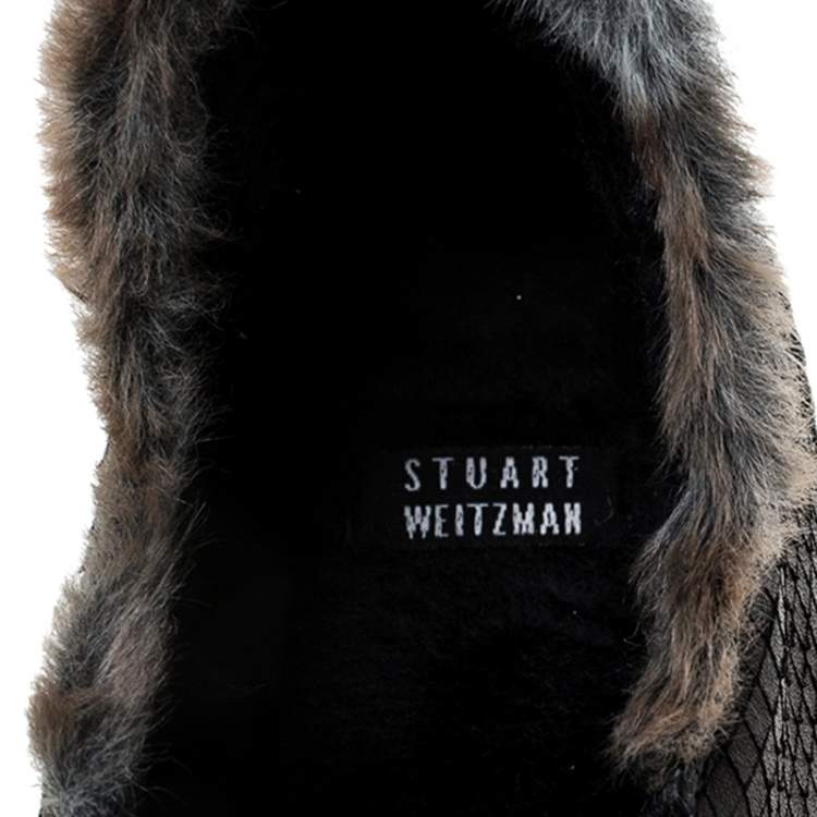 Pre Owned Stuart Weitzman Black Leather And Faux Fur Slip on Sneakers Size 39.5