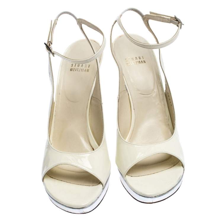 Pre Owned Stuart Weitzman White/Silver Patent Leather Open Toe Ankle Strap Platform Sandals Size 39.5