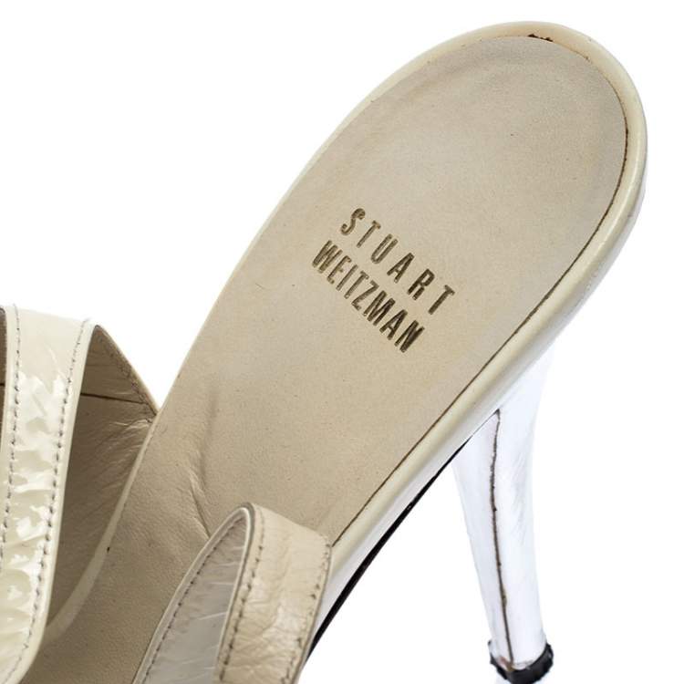 Pre Owned Stuart Weitzman White/Silver Patent Leather Open Toe Ankle Strap Platform Sandals Size 39.5