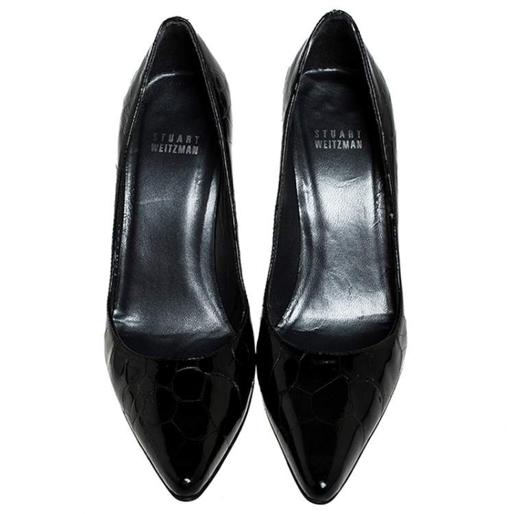 Pre Owned Stuart Weitzman Black Croc Embossed Patent Leather Pointed Toe Pumps Size 37.5