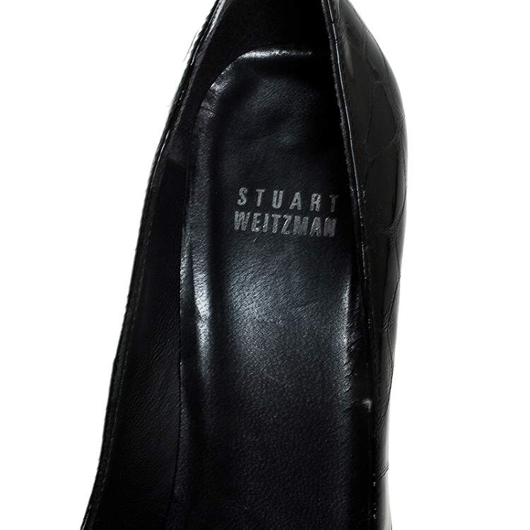 Pre Owned Stuart Weitzman Black Croc Embossed Patent Leather Pointed Toe Pumps Size 37.5