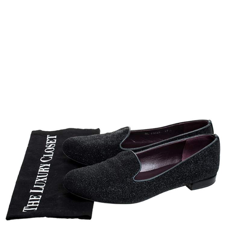 Pre Owned Stuart Weitzman Black Glitter Leather Smoking Slippers Size 37.5