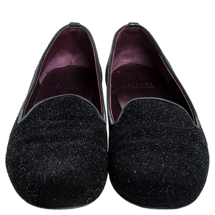 Pre Owned Stuart Weitzman Black Glitter Leather Smoking Slippers Size 37.5