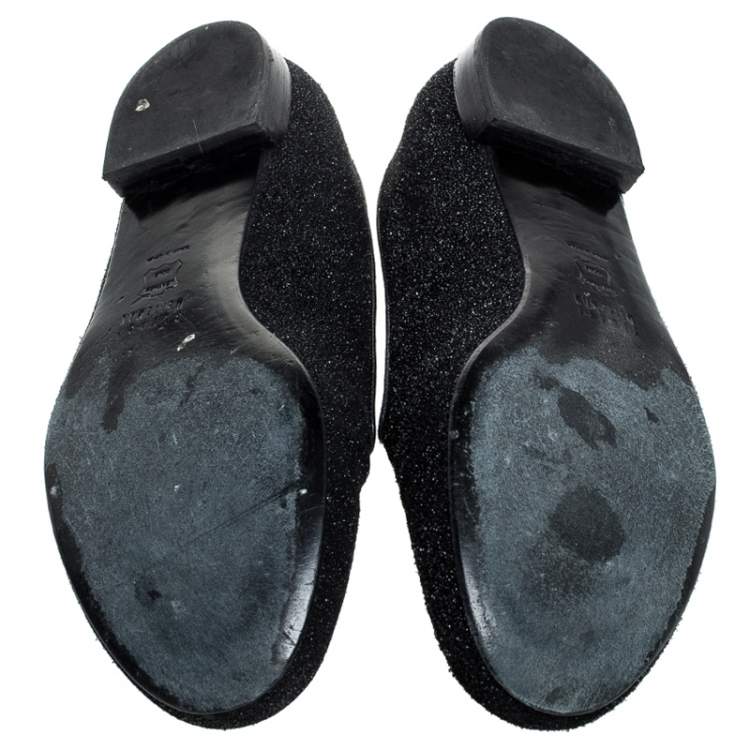 Pre Owned Stuart Weitzman Black Glitter Leather Smoking Slippers Size 37.5