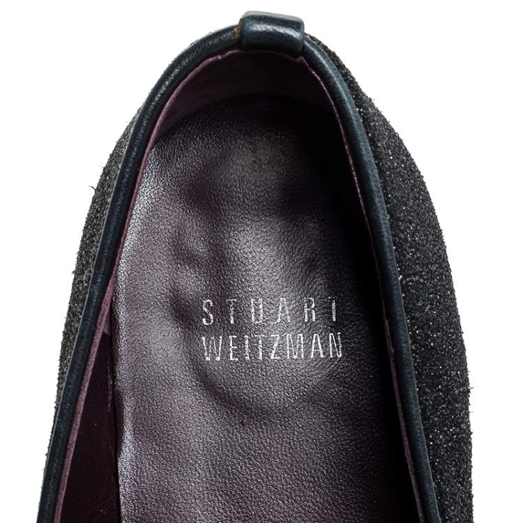 Pre Owned Stuart Weitzman Black Glitter Leather Smoking Slippers Size 37.5