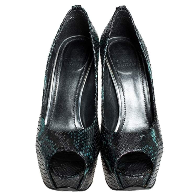 Pre Owned Stuart Weitzman Multicolor Python Embossed Leather Platform Peep Toe Pumps Size 37