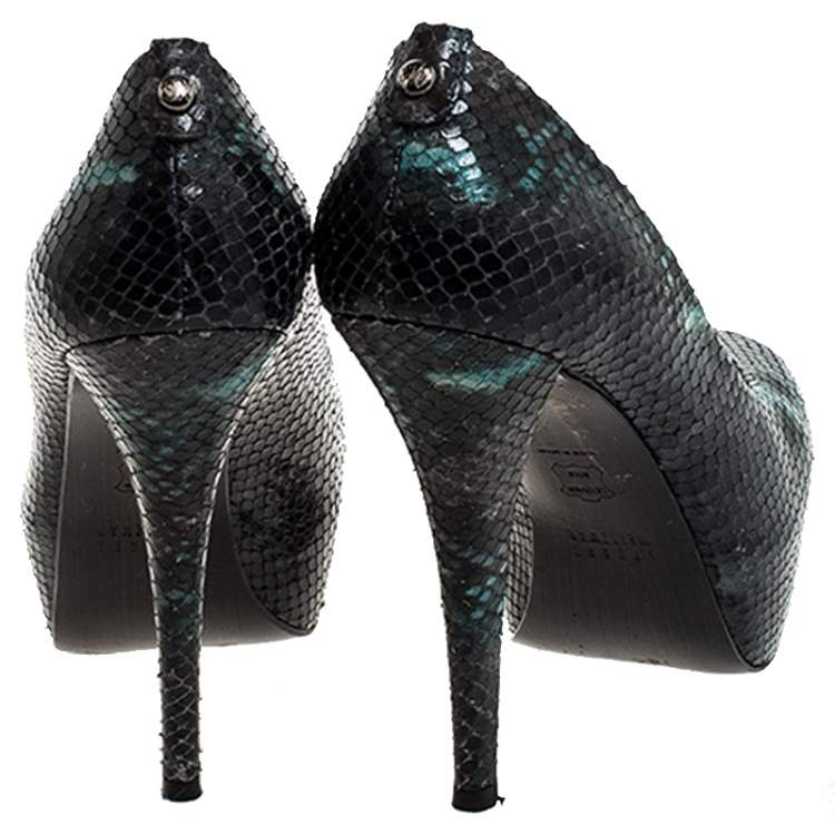 Pre Owned Stuart Weitzman Multicolor Python Embossed Leather Platform Peep Toe Pumps Size 37