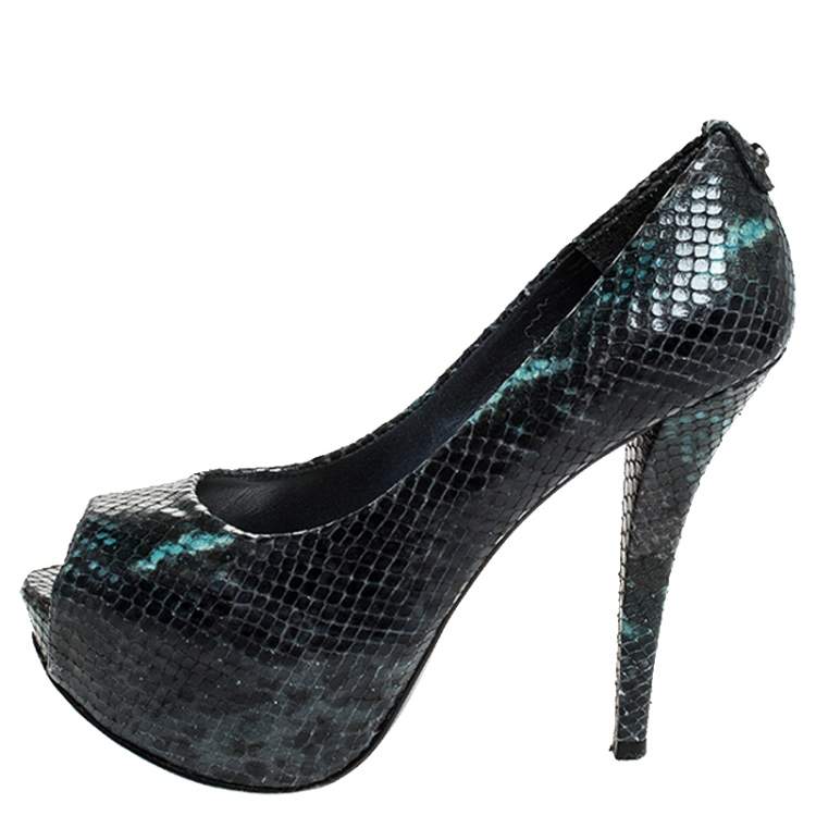 Pre Owned Stuart Weitzman Multicolor Python Embossed Leather Platform Peep Toe Pumps Size 37