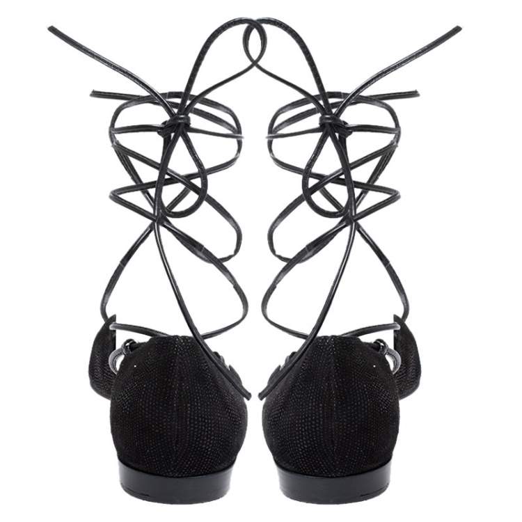 Pre Owned Stuart Weitzman Black Suede Gilligan Ankle Wrap Ballet Flats Size 39