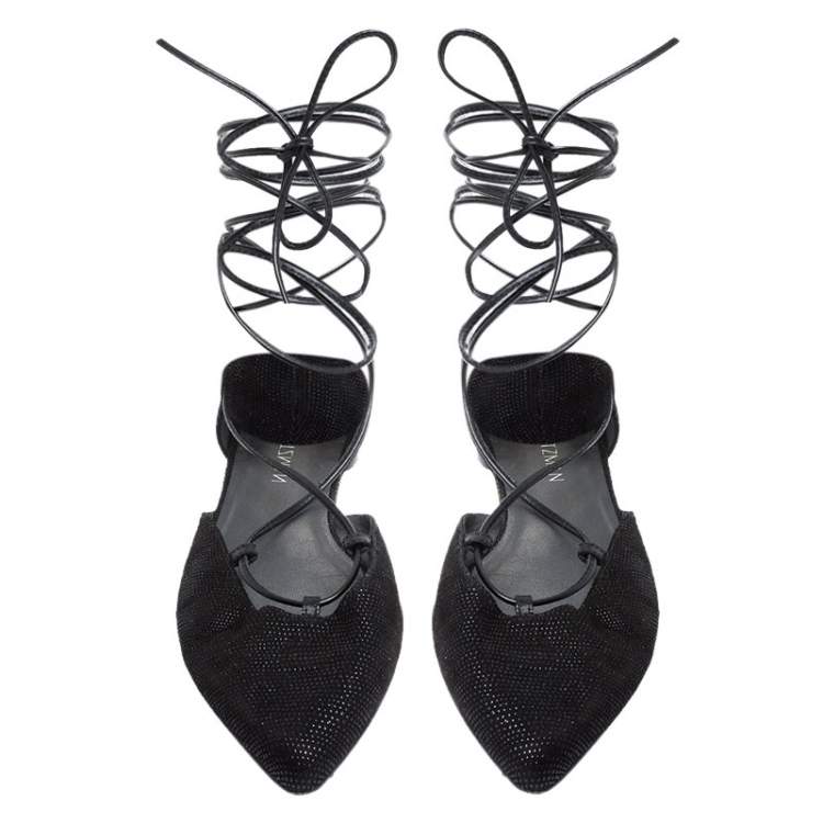 Pre Owned Stuart Weitzman Black Suede Gilligan Ankle Wrap Ballet Flats Size 39