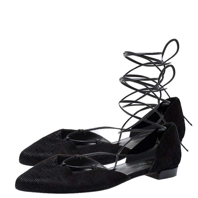 Pre Owned Stuart Weitzman Black Suede Gilligan Ankle Wrap Ballet Flats Size 39