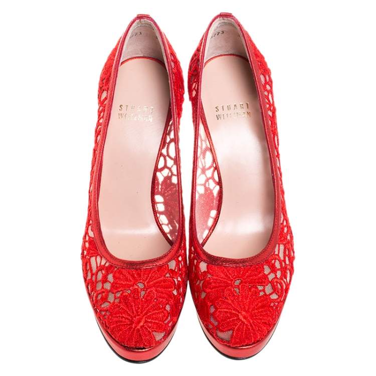 Pre Owned Stuart Weitzman Red Lace Swoon Platform Pumps Size 37