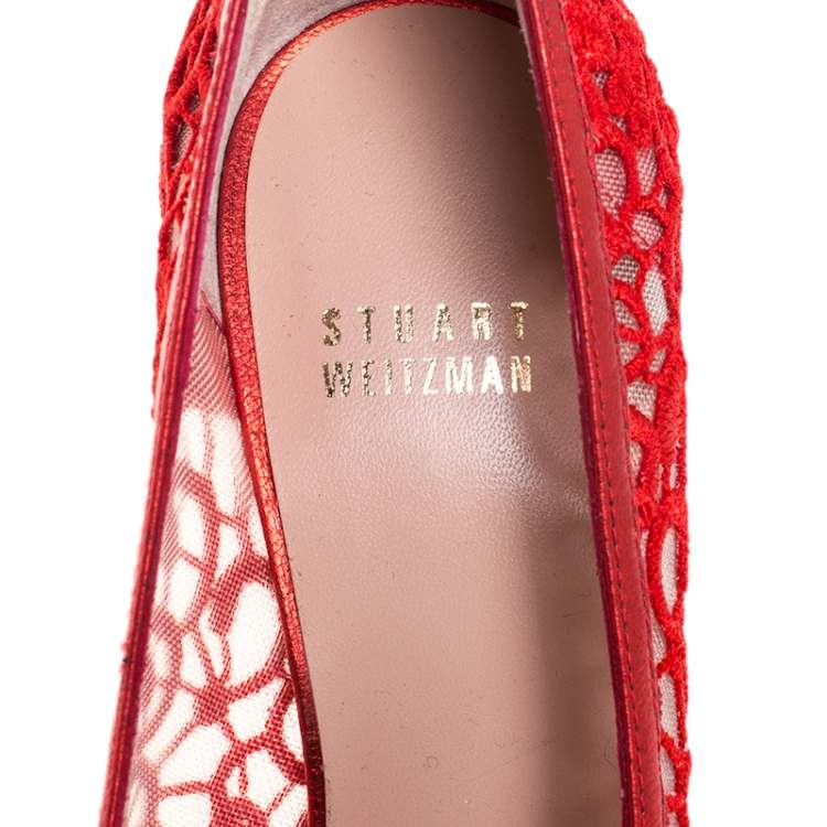 Pre Owned Stuart Weitzman Red Lace Swoon Platform Pumps Size 37