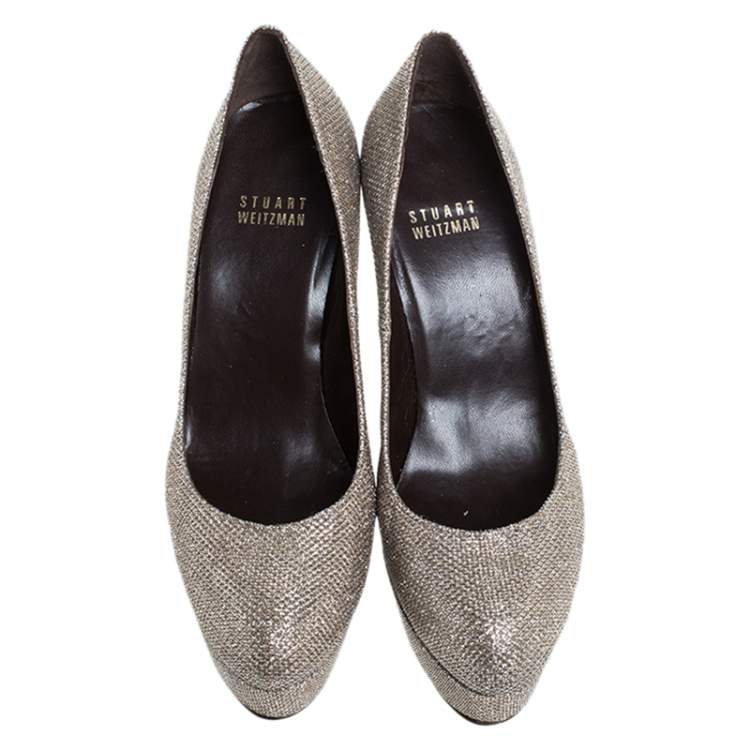 Pre Owned Stuart Weitzman Silver Shimmer Lame Fabric Mae Platform Pumps Size 37