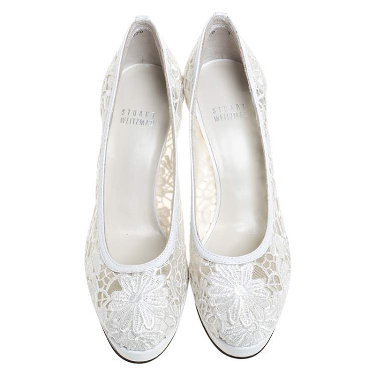Pre Owned Stuart Weitzman White Lace Swoon Platform Pumps Size 37