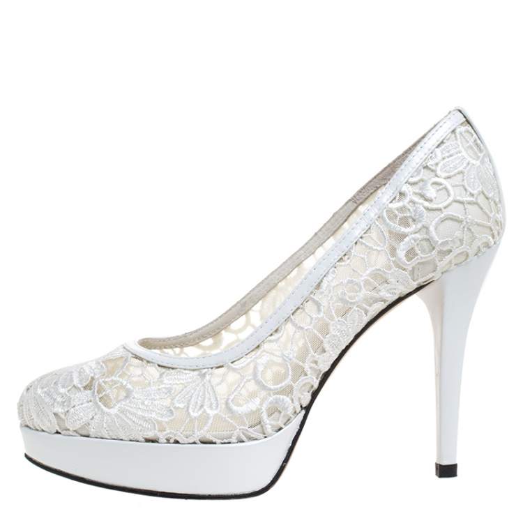Pre Owned Stuart Weitzman White Lace Swoon Platform Pumps Size 37