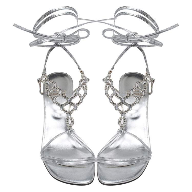 Pre Owned Stuart Weitzman Silver Crystal Embellished Leather Open Toe Ankle Tie Sandals Size 36