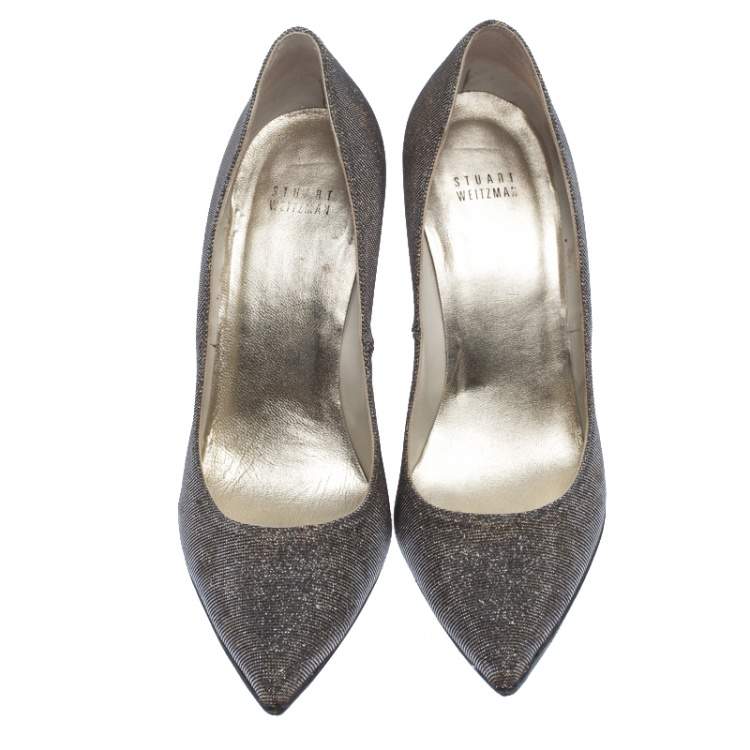 Pre Owned Stuart Weitzman Metallic Gold Glitter Fabric Pointed Toe Pumps Size 40