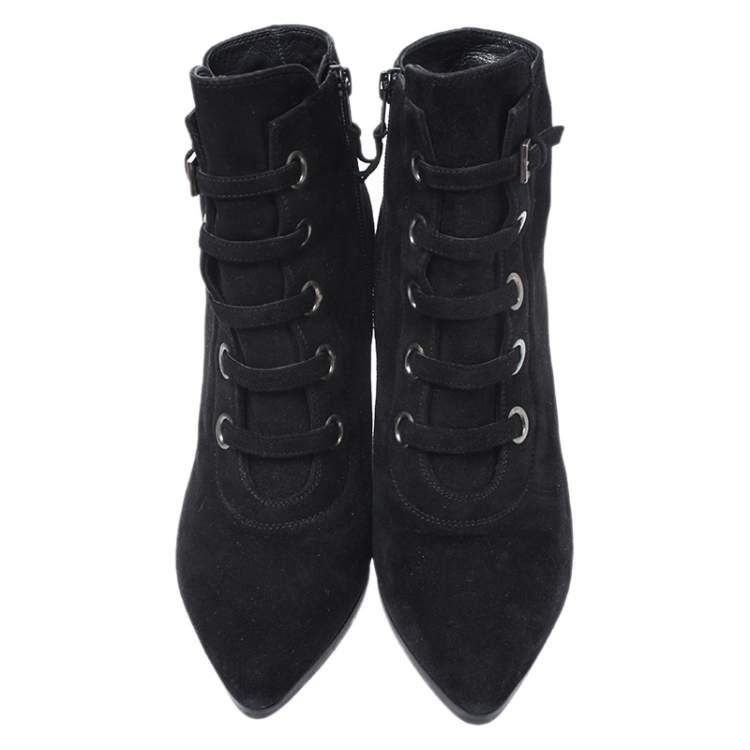 Pre Owned Stuart Weitzman Black Suede And Patent Leather Wedge Lace Detail Ankle Boots Size 38.5