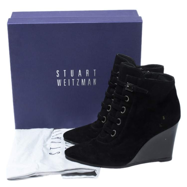 Pre Owned Stuart Weitzman Black Suede And Patent Leather Wedge Lace Detail Ankle Boots Size 38.5