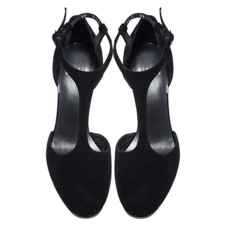 Pre Owned Stuart Weitzman Black Suede T Strap Ankle Strap Pumps Size 39