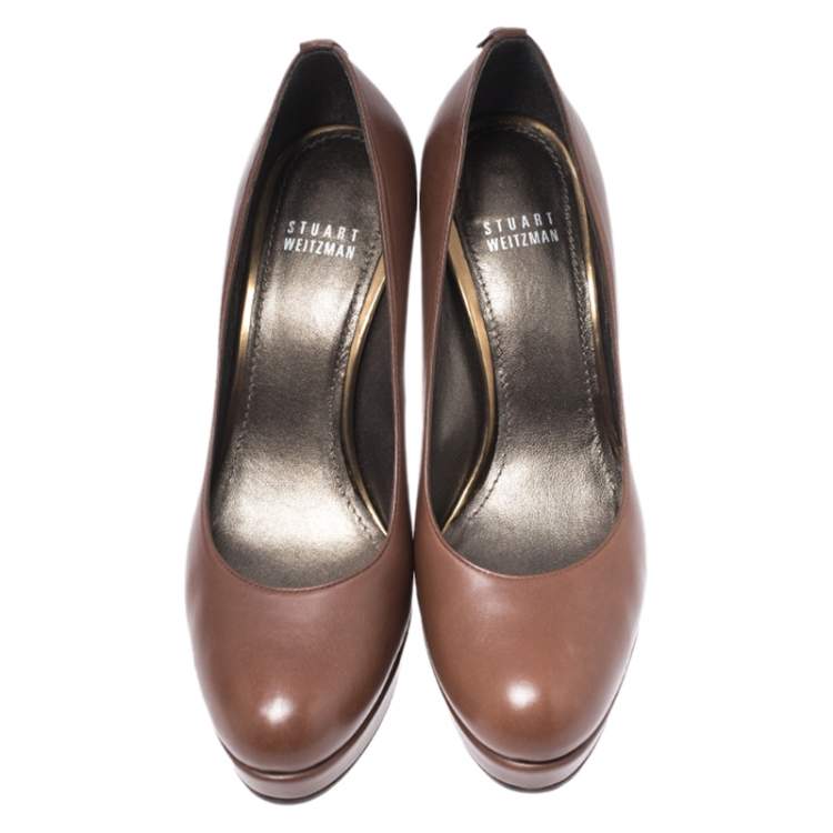 Pre Owned Stuart Weitzman Brown Leather Platform Pumps Size 38
