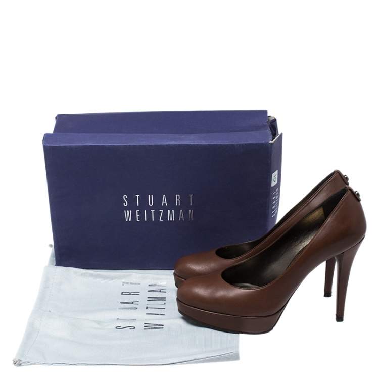 Pre Owned Stuart Weitzman Brown Leather Platform Pumps Size 38