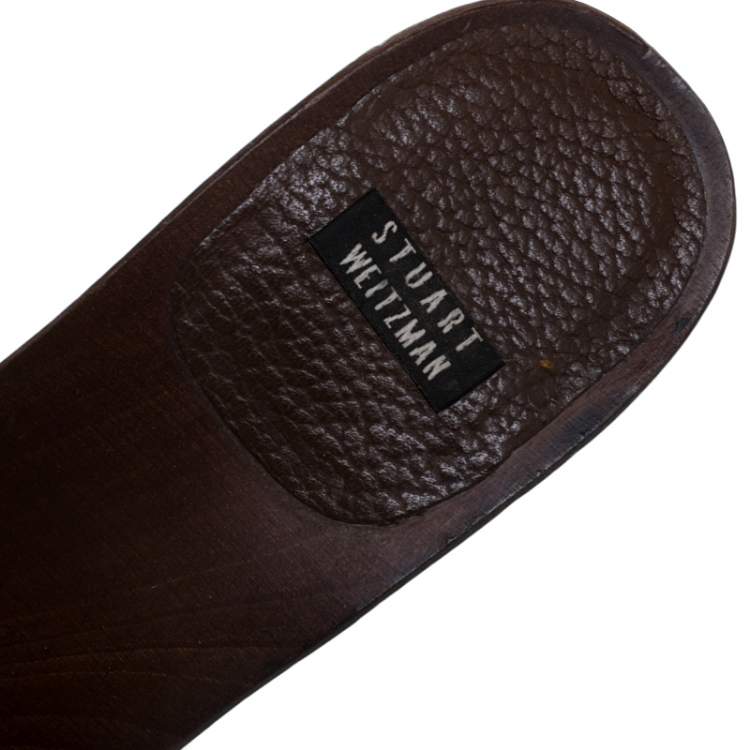 Pre Owned Stuart Weitzman Brown Leather Conch Shell And Bead Embellished Wooden Platform Sandals Size 37