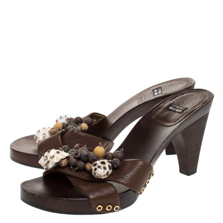 Pre Owned Stuart Weitzman Brown Leather Conch Shell And Bead Embellished Wooden Platform Sandals Size 37