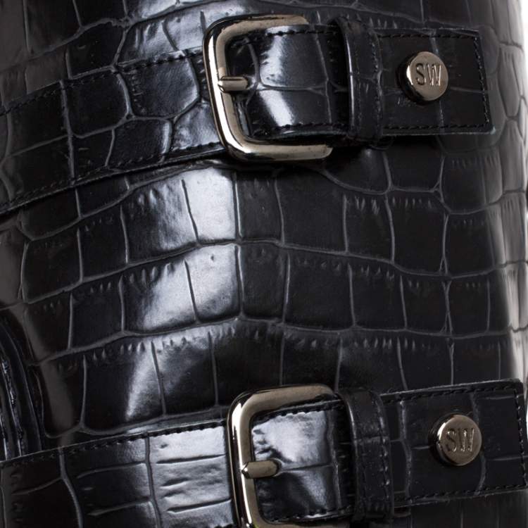 Pre Owned Stuart Weitzman Black Croc Embossed Faux Leather And Faux Fur Trim Mid Calf Boots Size 41