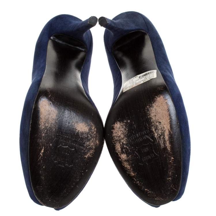 Pre Owned Stuart Weitzman Blue Suede Platform Peep Toe Pumps Size 40.5