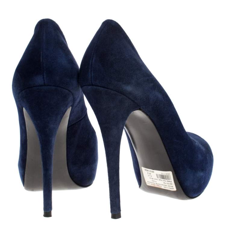 Pre Owned Stuart Weitzman Blue Suede Platform Peep Toe Pumps Size 40.5
