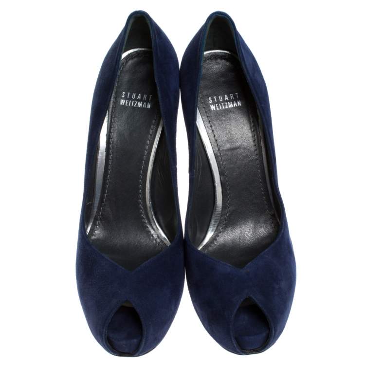 Pre Owned Stuart Weitzman Blue Suede Platform Peep Toe Pumps Size 40.5