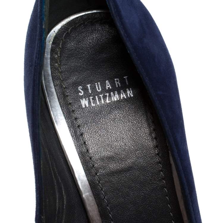 Pre Owned Stuart Weitzman Blue Suede Platform Peep Toe Pumps Size 40.5