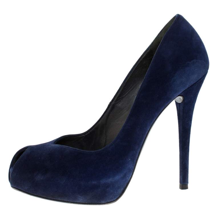 Pre Owned Stuart Weitzman Blue Suede Platform Peep Toe Pumps Size 40.5