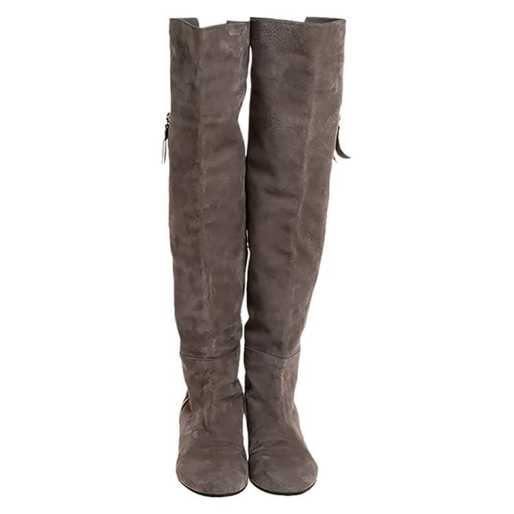 Pre Owned Stuart Weitzman Grey Suede Knee Length Boots Size 38.5