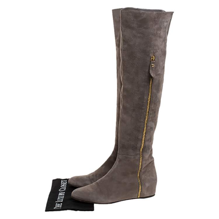 Pre Owned Stuart Weitzman Grey Suede Knee Length Boots Size 38.5