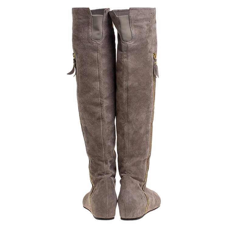 Pre Owned Stuart Weitzman Grey Suede Knee Length Boots Size 38.5