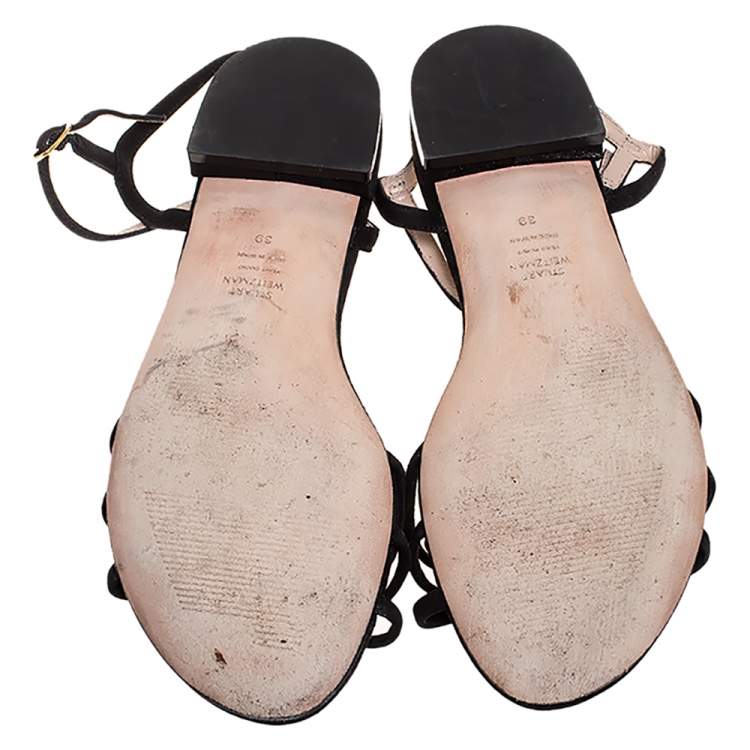 مملوكة مسبقًا Stuart Weitzman Black Suede Starla Ankle Strap Flats Size 39