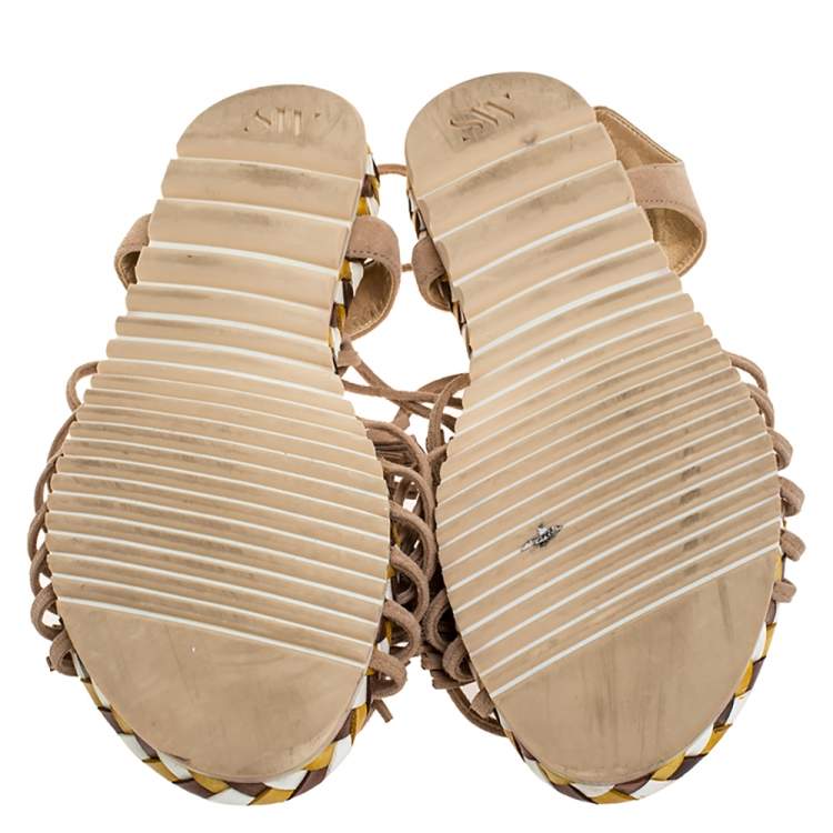 Pre Owned Stuart Weitzman Beige Suede Fringe Knot Ankle Tie Up Sandals Size 38