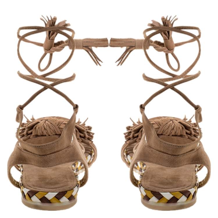 Pre Owned Stuart Weitzman Beige Suede Fringe Knot Ankle Tie Up Sandals Size 38