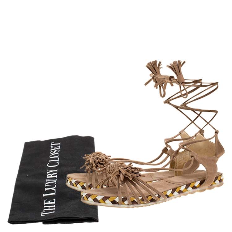 Pre Owned Stuart Weitzman Beige Suede Fringe Knot Ankle Tie Up Sandals Size 38